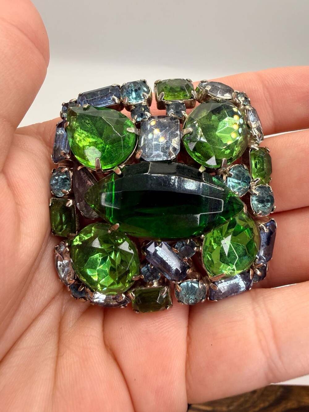 Vintage Green and Blue Rhinestone Art Glass Brooch